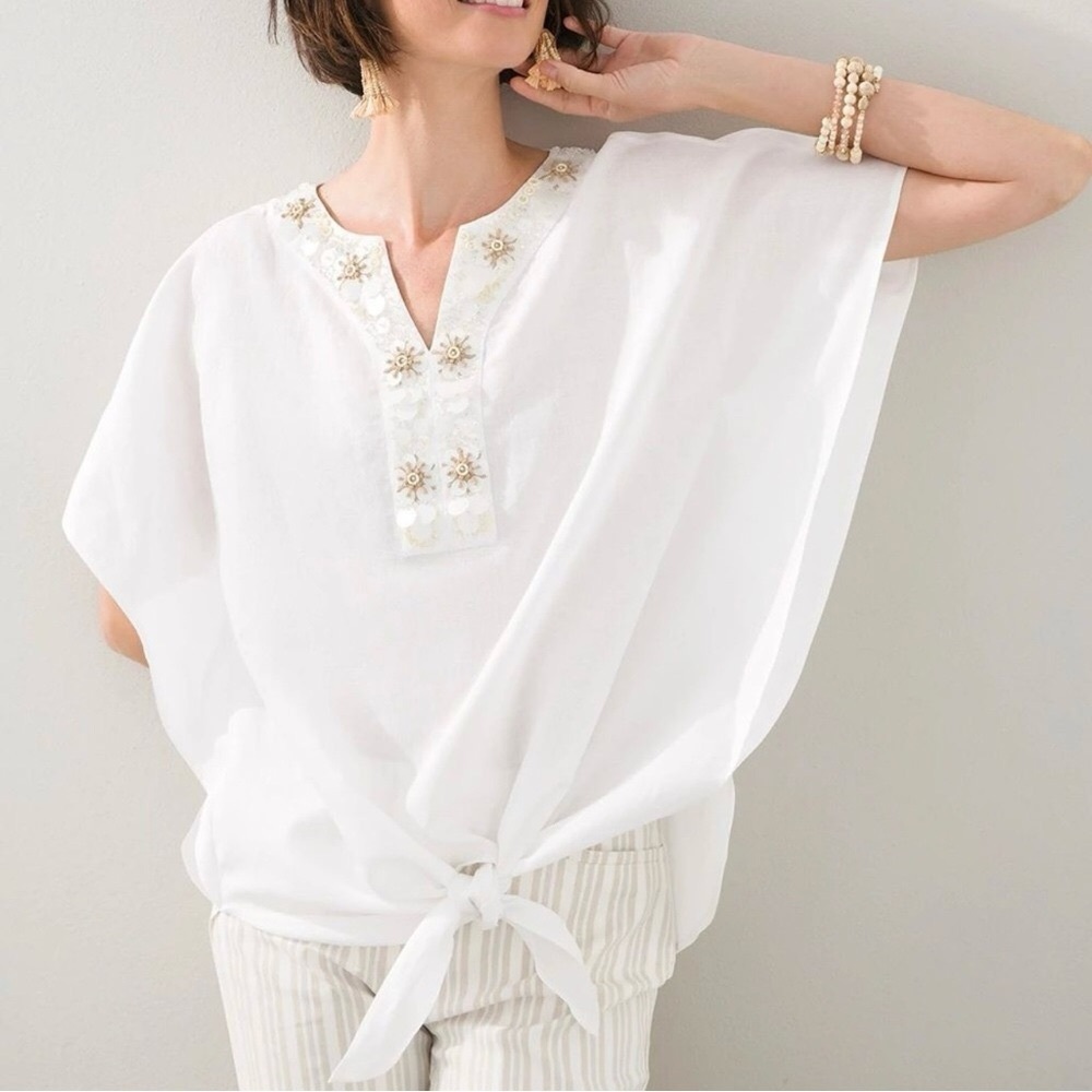 Chico’s Linen Blend Embellished Sequins Beaded Tie-Front Butterfly Boxy Top 4